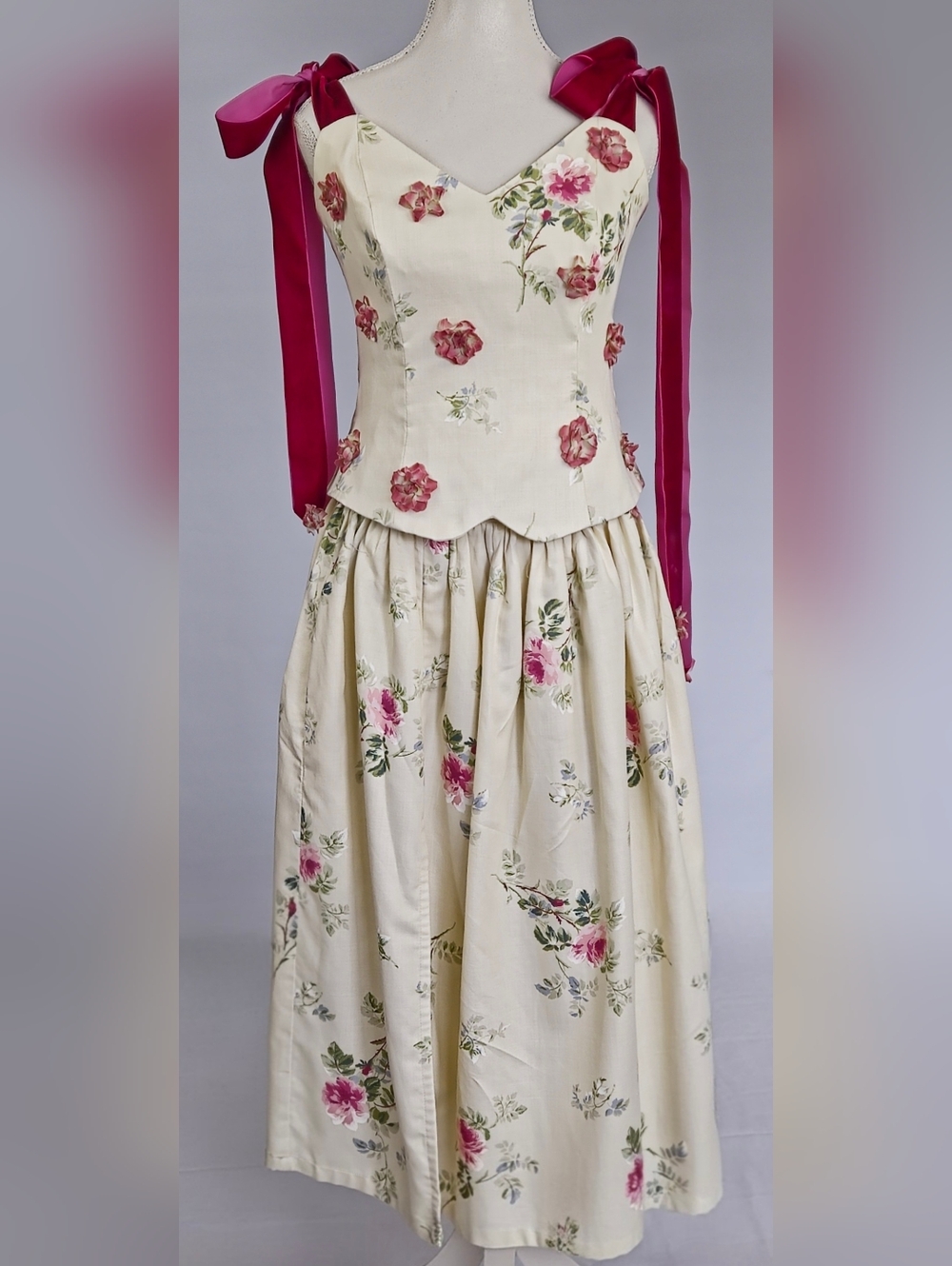 Upcycled Vintage Floral Corset Top and Skirt Set with Velvet Ribbon Ties - Picture 2 of 14